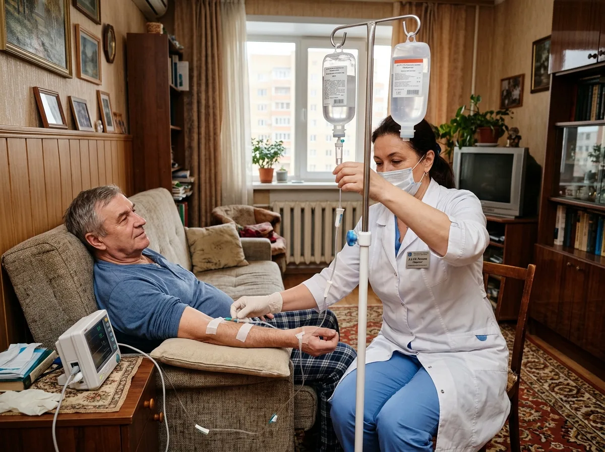Врач-нарколог в белом халате ставит капельницу пациенту на дому в Казани, медицинское оборудование, тёплый интерьер квартиры