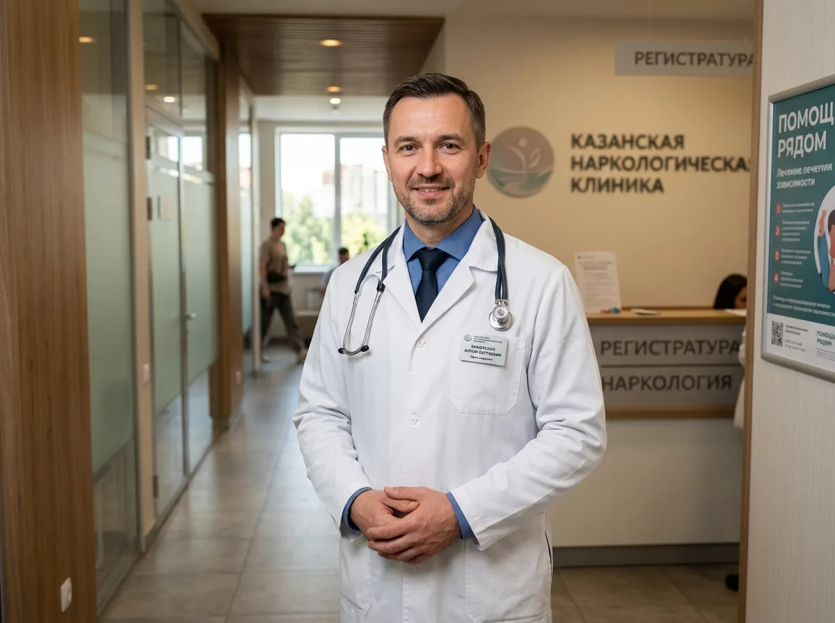 Врач-нарколог Кравченко Антон Сергеевич в белом халате, наркологическая клиника Казань, уверенный взгляд