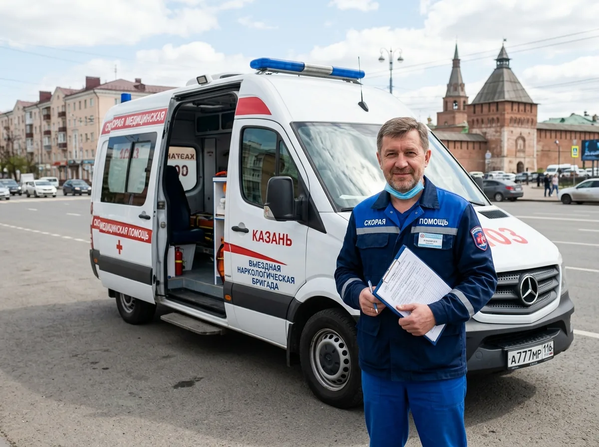 Врач выездной бригады нарколог Зубков Виктор Павлович, Казань, в форменной одежде у медицинского автомобиля